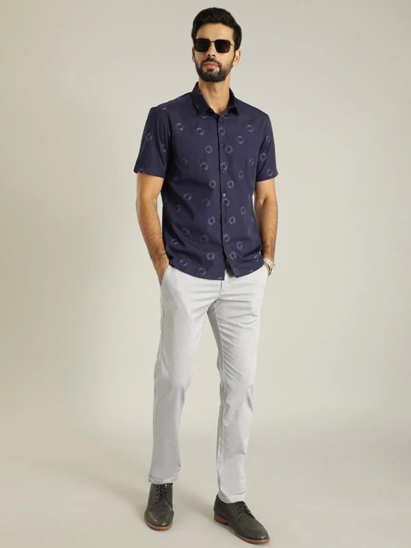 Indian Terrain Men Embroidered Dark Blue Shirt